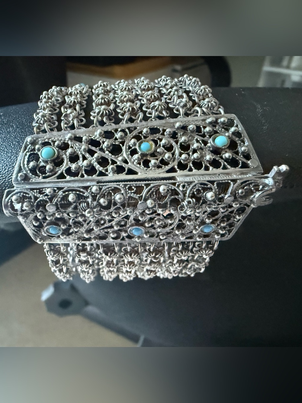 Vintage Silver Filigree Bracelet with Turquoise Accents